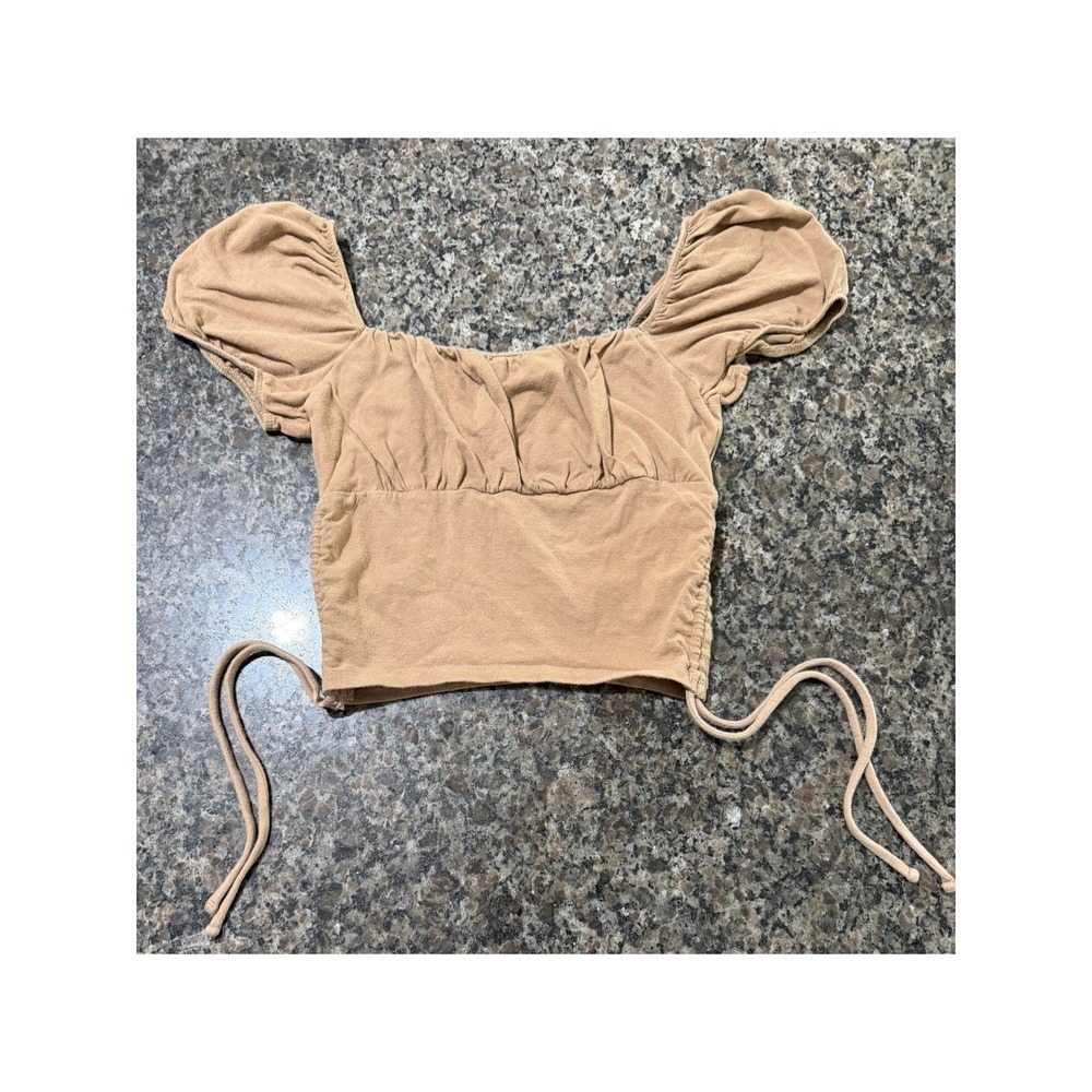Hollister Tan Ruched Milkmaid Crop Top‎ Square Neck Drawstring Side S